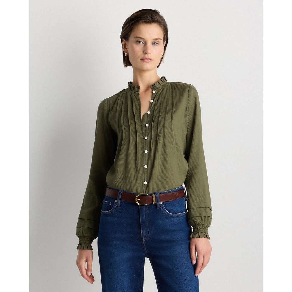 Quince Organic Textured Cotton Peasant Blouse Women's Medium Caper Green